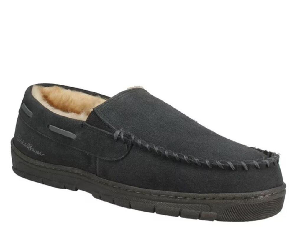 Eddie Bauer Suede Moccasin Fur Cozy House Slippers Mens XXL 13 Memory Foam BLACK